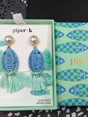 Piper K Fish Tassel Earrings Coastal Blue Statement Earrings NWT